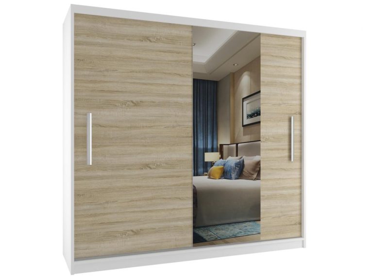 Dressing  200 cm Belini alb mat / stejar sonoma cu usi glisante si oglinda MSE SZP1/2/W/1DS1L/AL