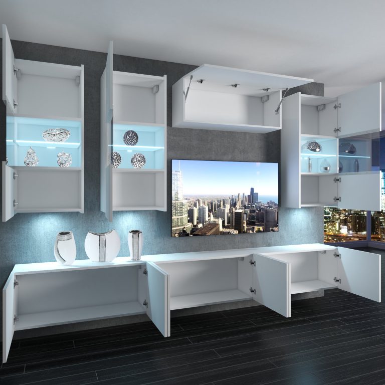 Set mobila sufragerie Belini Premium Full Version alb lucios / stejar wotan + iluminare LED NEX 5/0/W/WDW/0/0/PP