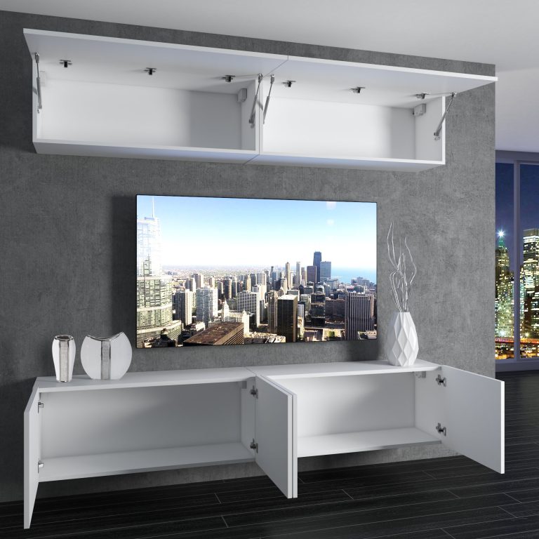 Set mobila sufragerie Belini Premium Full Version alb lucios / stejar wotan + iluminare LED
