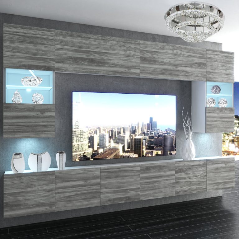 Perete sufragerie Belini Premium Full Version gri antracit Glamour Wood + iluminare LED NEX 1/0/W/GW1/0/0/PP