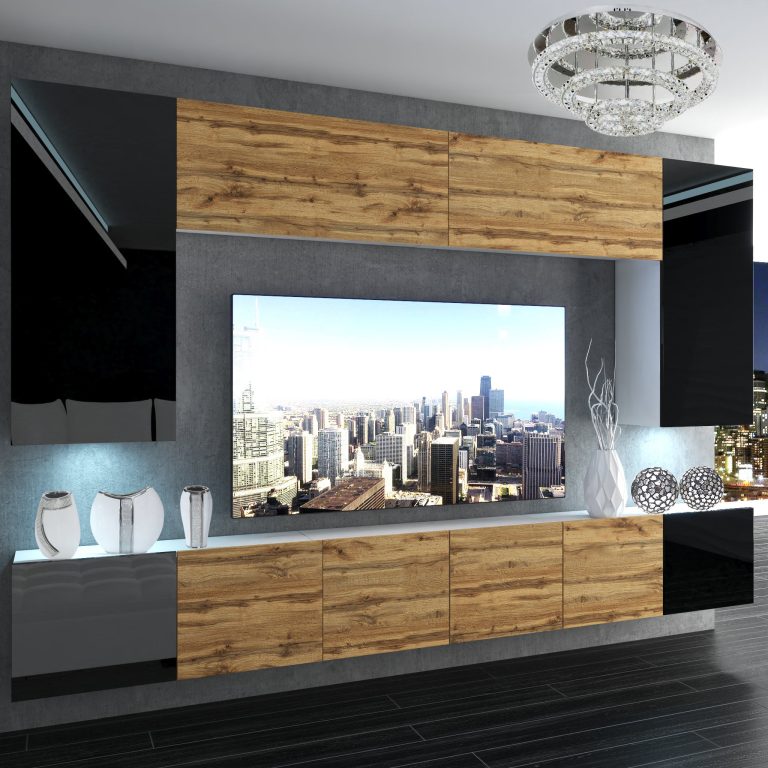 Set mobila sufragerie Belini Premium Full Version negru lucios / stejar wotan + iluminare LED NEX 2/0/W/BDWBDW/0/0/PP