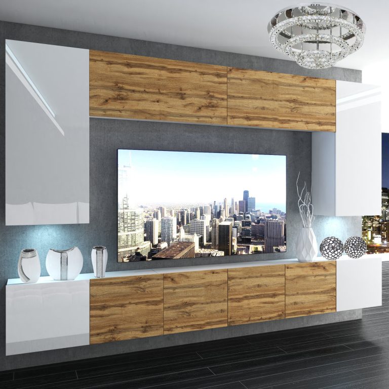 Set mobila sufragerie Belini Premium Full Version alb lucios / stejar wotan + iluminare LED NEX 2/0/W/WDWWDW/0/0/PP