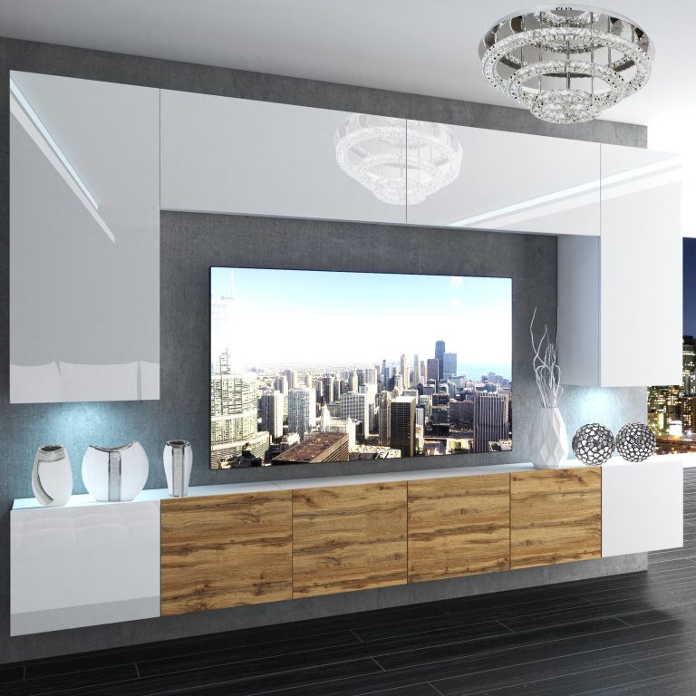 Set mobila sufragerie Belini Premium Full Version alb lucios / stejar wotan + iluminare LED NEX 2/0/W/WWDW/0/0/PP
