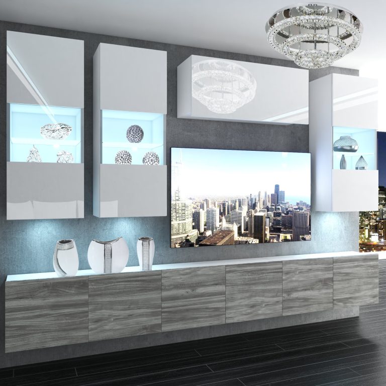 Mobila sufragerie Belini Premium Full Version alb lucios / gri antracit Glamour Wood + iluminare LED