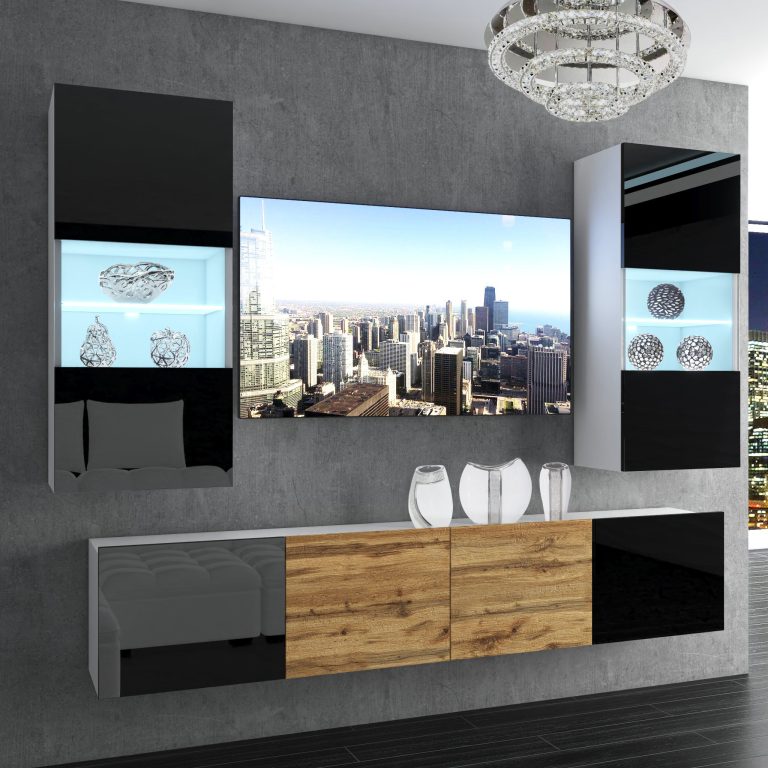 Set mobila sufragerie Belini Premium Full Version negru lucios / stejar wotan + iluminare LED  NEX 7/0/W/BBDW/0/0/PP