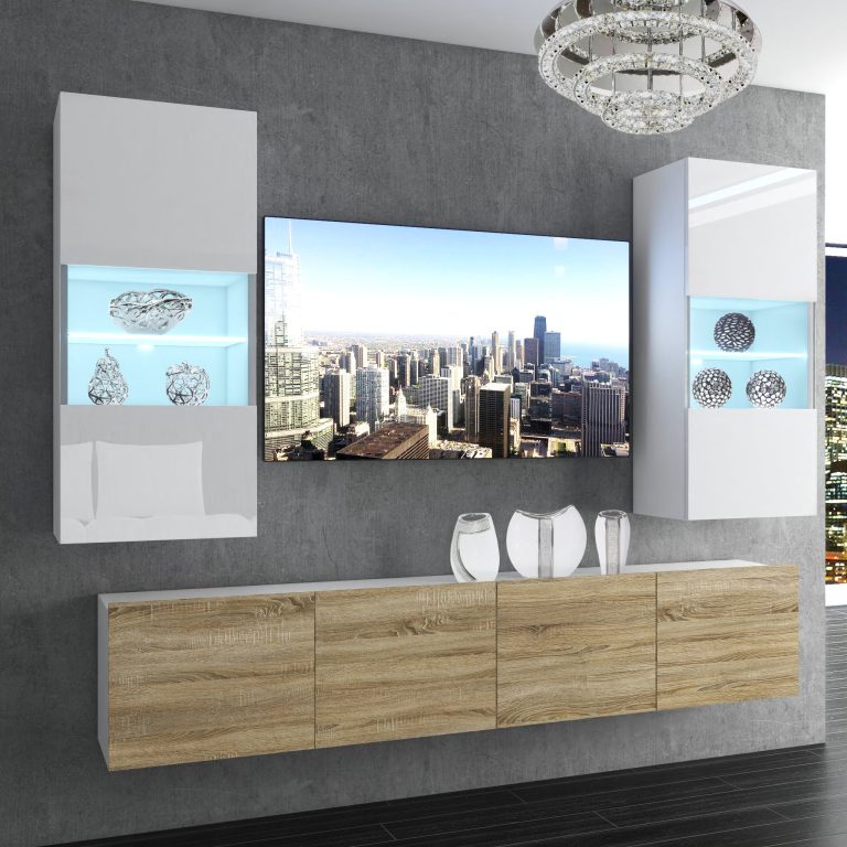 Mobila sufragerie Belini Premium Full Version alb lucios / stejar sonoma + iluminare LED NEX 7/0/W/WDS/0/0/PP
