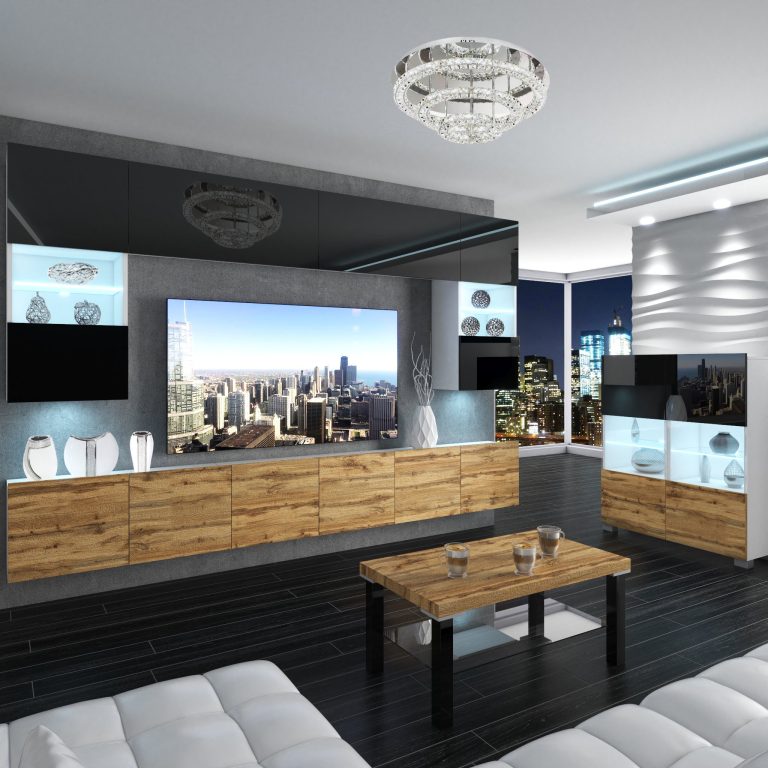 Set mobila sufragerie Belini Premium Full Version negru lucios / stejar wotan + iluminare LED NEX 1/0/W/BDW/0/0/PP