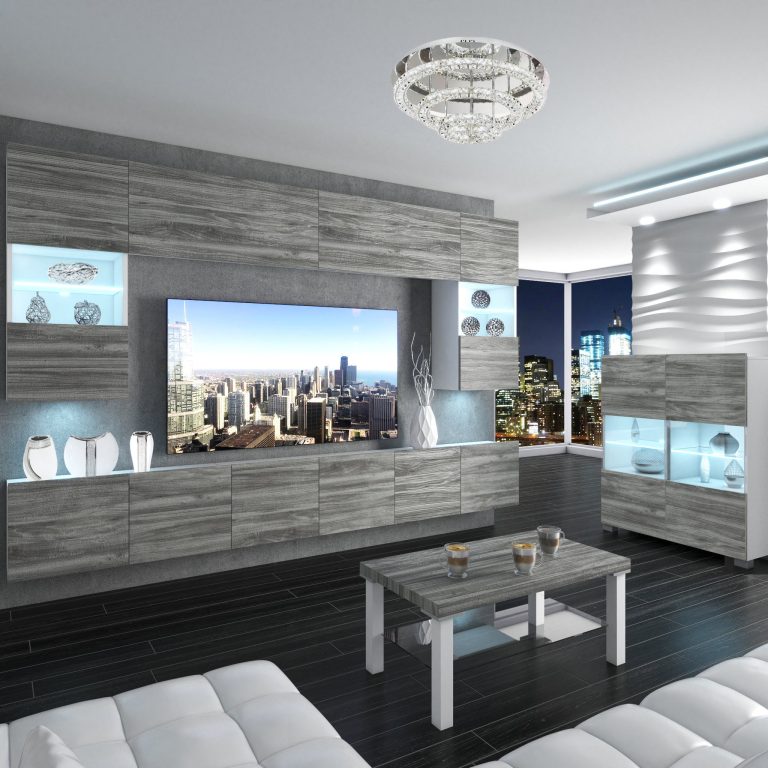 Perete sufragerie Belini Premium Full Version gri antracit Glamour Wood + iluminare LED NEX 1/0/W/GW1/0/0/PP