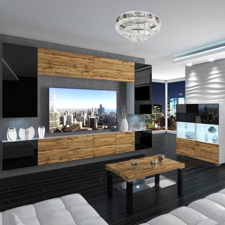 Set mobila sufragerie Belini Premium Full Version negru lucios / stejar wotan + iluminare LED NEX 2/0/W/BDWBDW/0/0/PP