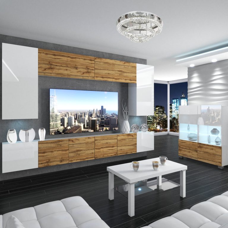 Set mobila sufragerie Belini Premium Full Version alb lucios / stejar wotan + iluminare LED NEX 2/0/W/WDWWDW/0/0/PP