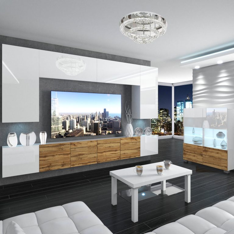 Set mobila sufragerie Belini Premium Full Version alb lucios / stejar wotan + iluminare LED NEX 2/0/W/WWDW/0/0/PP
