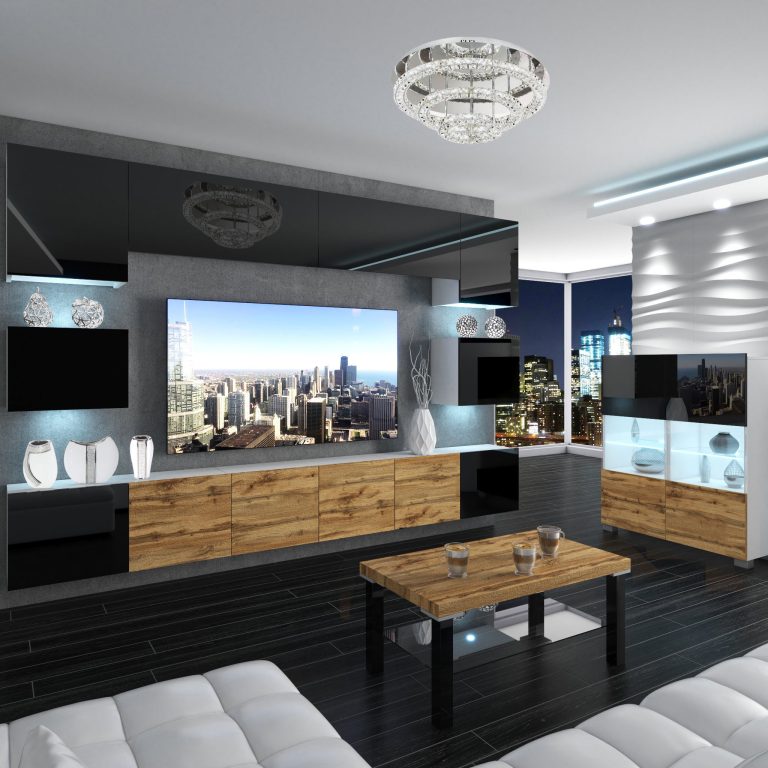 Set mobila sufragerie Belini Premium Full Version negru lucios / stejar wotan + iluminare LED NEX 3/0/W/BBBDW/0/0/PP
