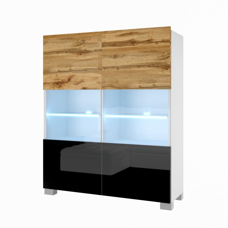 Comodă Belini Premium Full Version stejar wotan / negru lucios + iluminare LED NEX KOM1/1/W/DWB/0/0