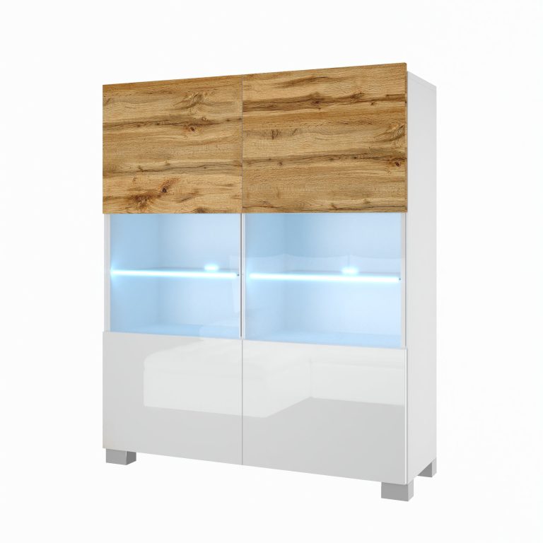 Comoda Belini Premium Full Version stejar wotan / alb lucios + iluminare LED NEX KOM1/1/W/DWW/0/0