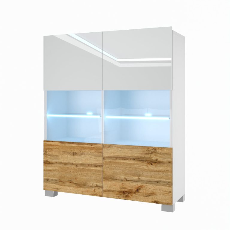 Comoda Belini Premium Full Version alb lucios / stejar wotan + iluminare LED NEX KOM1/1/W/WDW/0/0