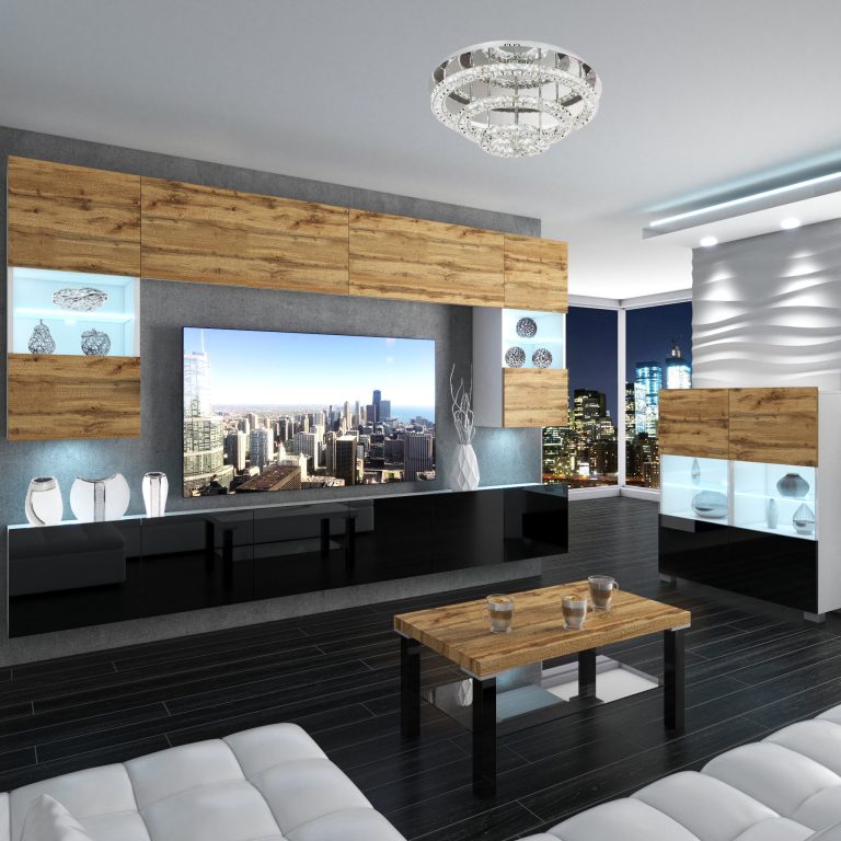 Comodă Belini Premium Full Version stejar wotan / negru lucios + iluminare LED NEX KOM1/1/W/DWB/0/0