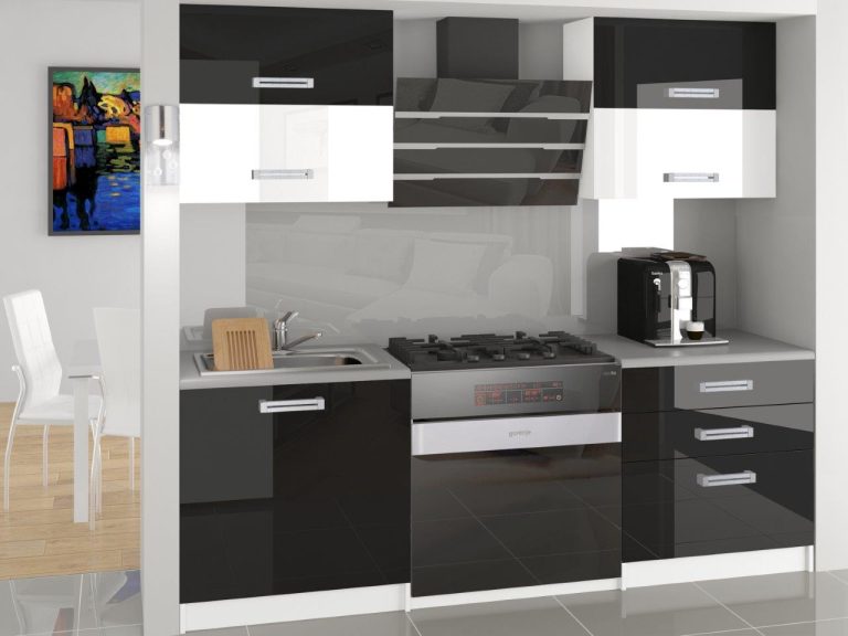 Mobila de bucatarie Belini 120 cm negru lucios / alb lucios cu blat INF ELEGANTA2/2/WT/BWB/0/B1 