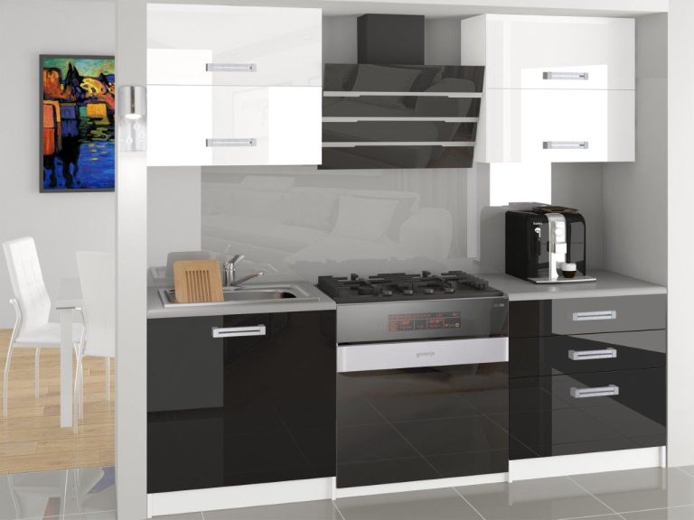 Linie bucatarie Belini 120 cm alb lucios / negru luciu cu blat INF ELEGANTA/2/WT/WB/0/D 