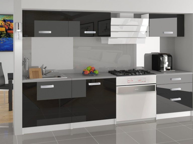Mobila de bucatarie Belini 180 cm negru lucios cu blat INF LAURENTINO/4/WT/B/0/D 