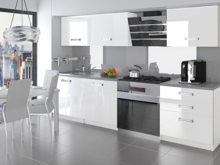 Linie bucatarie Belini 180 cm alb lucios cu blat INF NEPTUN/3/WT/W/0/D 