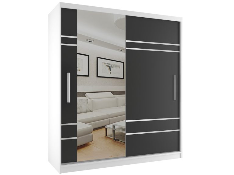 Dressing  158 cm Belini alb mat/negru mat cu usi glisante si oglinda MP SZP3/2/W/B/0/AL
