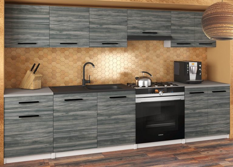 Mobila de bucatarie Belini 240 cm gri antracit Glamour Wood fara blat TOR UNIQA2/3/WT/GW1/BB/B1 
