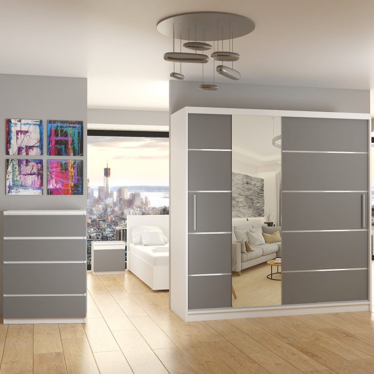 Dressing 200 cm Belini mat alb/gri mat cu usi glisante cu oglinda si sertare MBP SZP5/1/W/SR/0/KLAL

