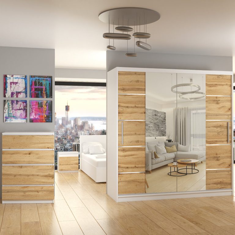 Dressing 200 cm Belini alb mat / castaniu cu usi glisante cu oglinda si sertare ME SZP5/1/W/KN/0/KLAL