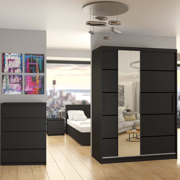 Dressing 133 cm Belini negru mat cu usi glisante cu oglinda si sertare MBP SZP6/1/B/B/0/KLP
