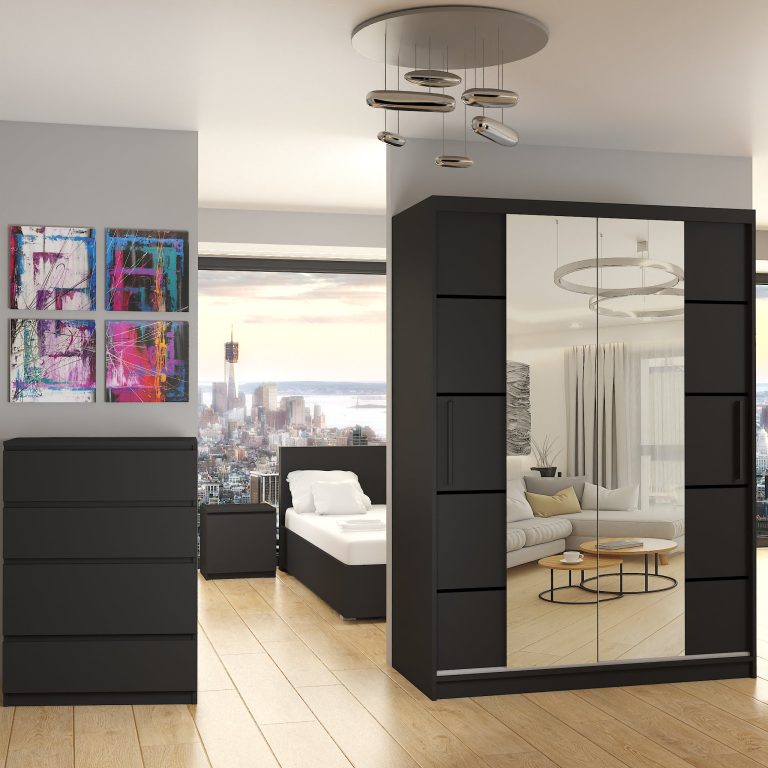 Dressing 133 cm Belini negru mat cu usi glisante cu oglinda si sertare ME SZP6/1/B/B/0/KLP