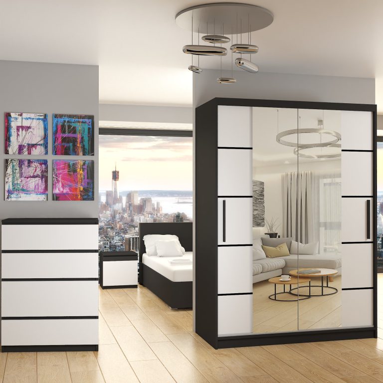 Dressing 133 cm Belini negru mat/alb mat cu usa glisantă cu oglindă și sertare ME SZP6/1/B/W/0/KLP