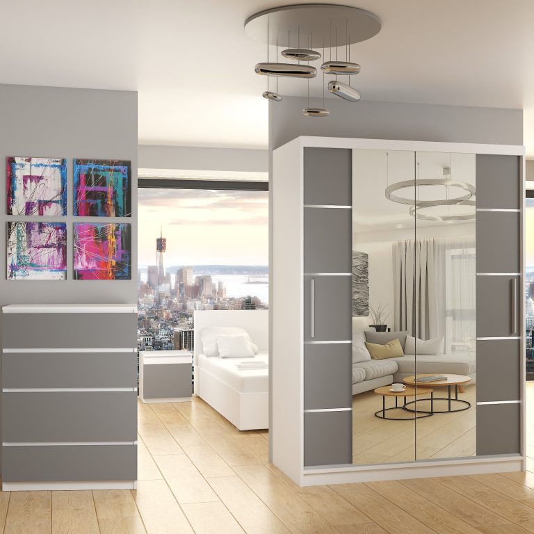 Dressing 133 cm Belini mat alb/gri mat cu usi glisante cu oglinda si sertare ME SZP6/1/W/SR/0/KLAL