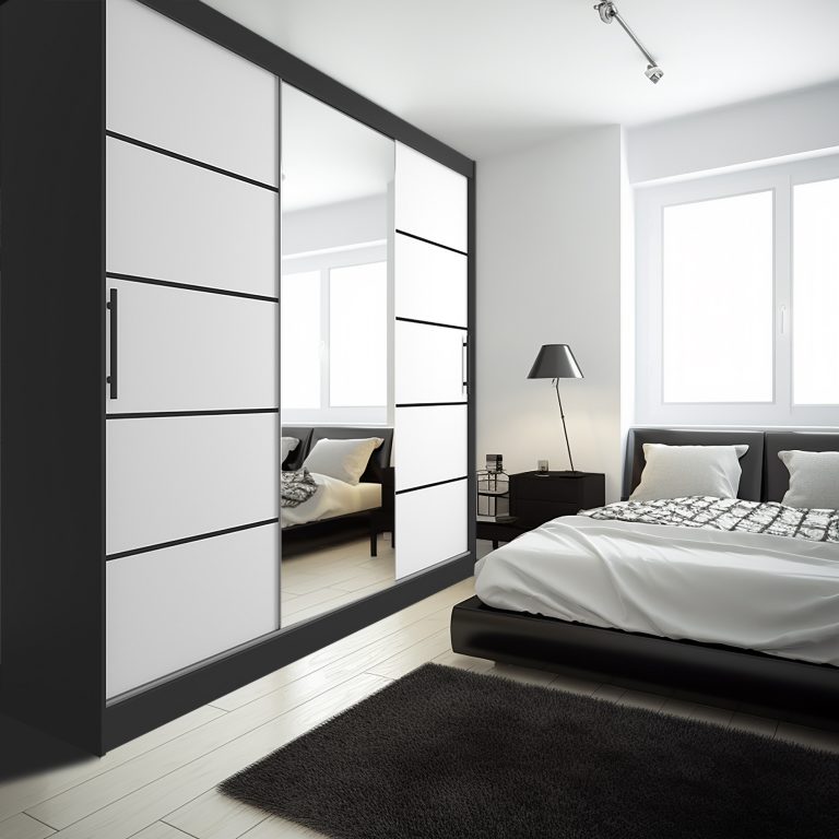 Dressing 232 cm Belini negru mat / alb mat cu usi glisante cu oglinda si sertare MBP SZP8/0/1B/2W1L/0/KLP