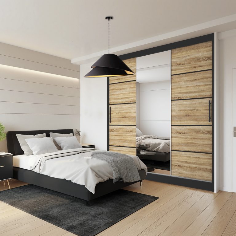 Dressing 200 cm Belini negru mat / stejar sonoma cu usi glisante cu oglinda si sertare MT SZP5/1/B/DS/0/KLP