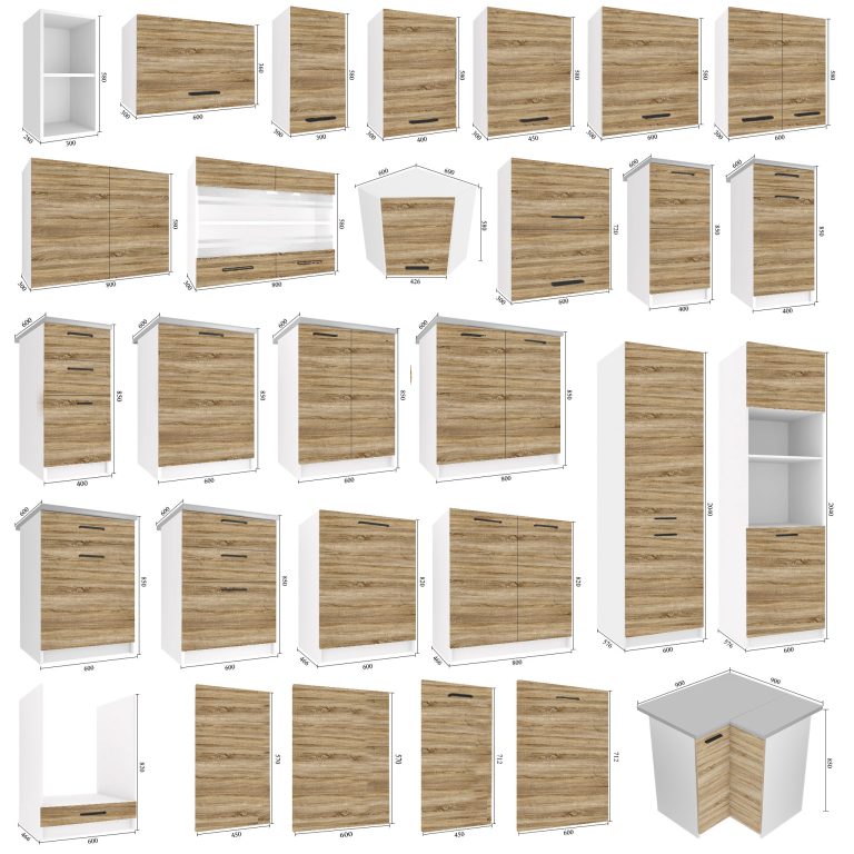 Mobilier de bucătărie de 260 cm, stejar Sonoma, cu blat. Producător: TOR PRIMO260/3/WT/DS/0/B1