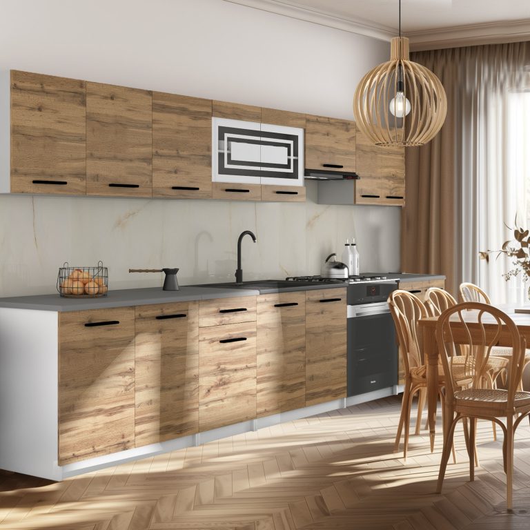 Mobilier de bucătărie de 320 cm, stejar Wotan, cu blat. Producător: TOR PRIMO320/4/WT/DW/0/B1