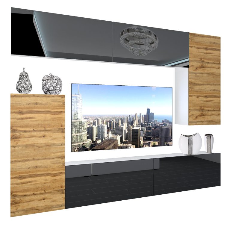 Set mobila sufragerie Belini Premium Full Version negru lucios / stejar wotan + iluminare LED NEX 8/0/W/BDWDWB/0/0/PP
