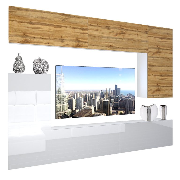 Set mobila sufragerie Belini Premium Full Version stejar wotan / alb lucios + iluminare LED NEX 8/0/W/DWW/0/0/PP