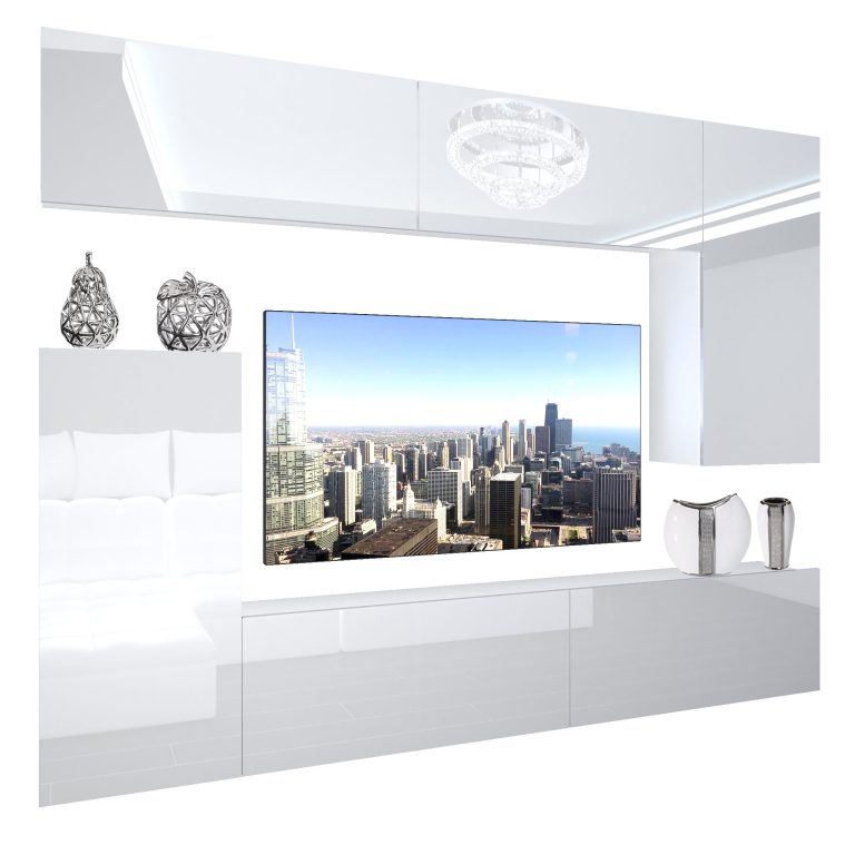 Mobila sufragerie Belini Premium Full Version alb lucios + iluminare LED NEX 8/0/W/W/0/0/PP