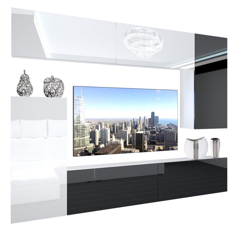 Mobila sufragerie Belini Premium Full Version alb lucios / negru luciu + iluminare LED NEX 8/0/W/WBWB/0/0/PP
