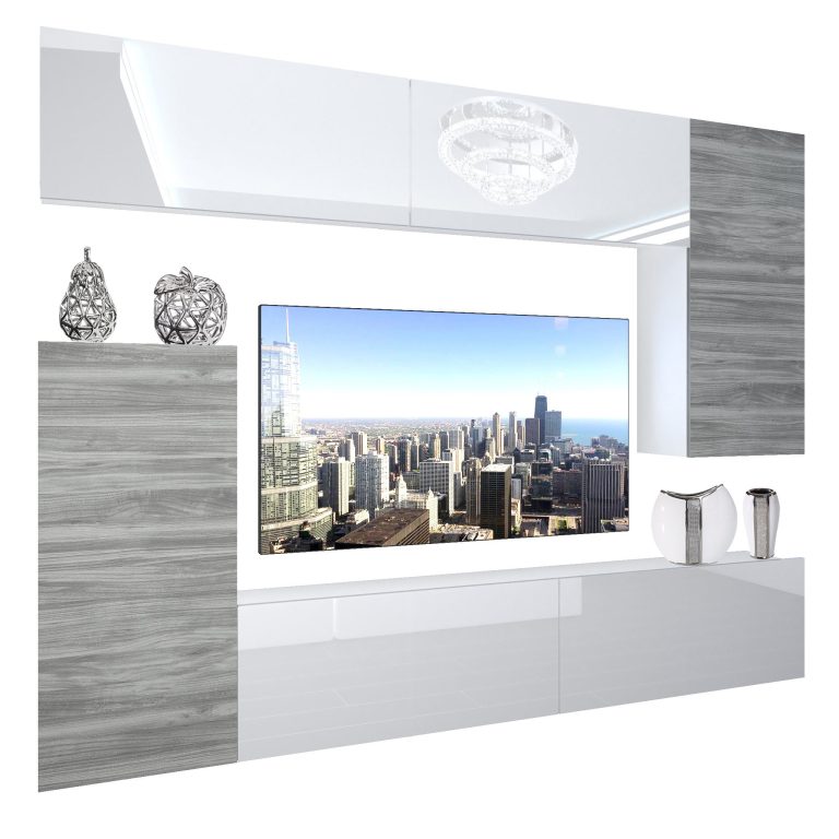 Mobila sufragerie Belini Premium Full Version alb lucios / gri antracit Glamour Wood + iluminare LED NEX 8/0/W/WGW1WGW1/0/0/PP