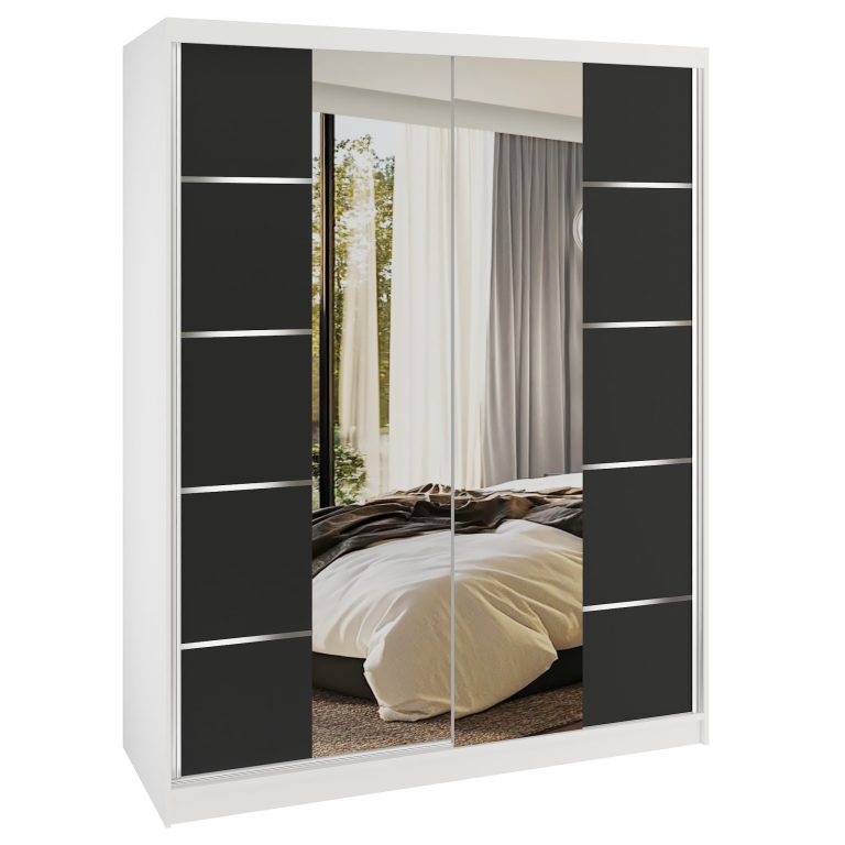 Dressing 133 cm Belini alb mat/negru mat cu usi glisante cu oglinda si sertare ME SERENITY SZP6/0/W/B/0/HIAL