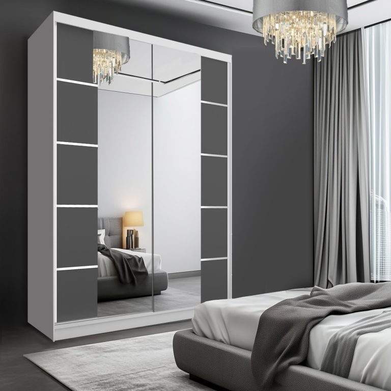 Dressing 133 cm Belini mat alb/gri mat cu usi glisante cu oglinda si sertare ME SERENITY SZP6/0/W/SR/0/HIAL