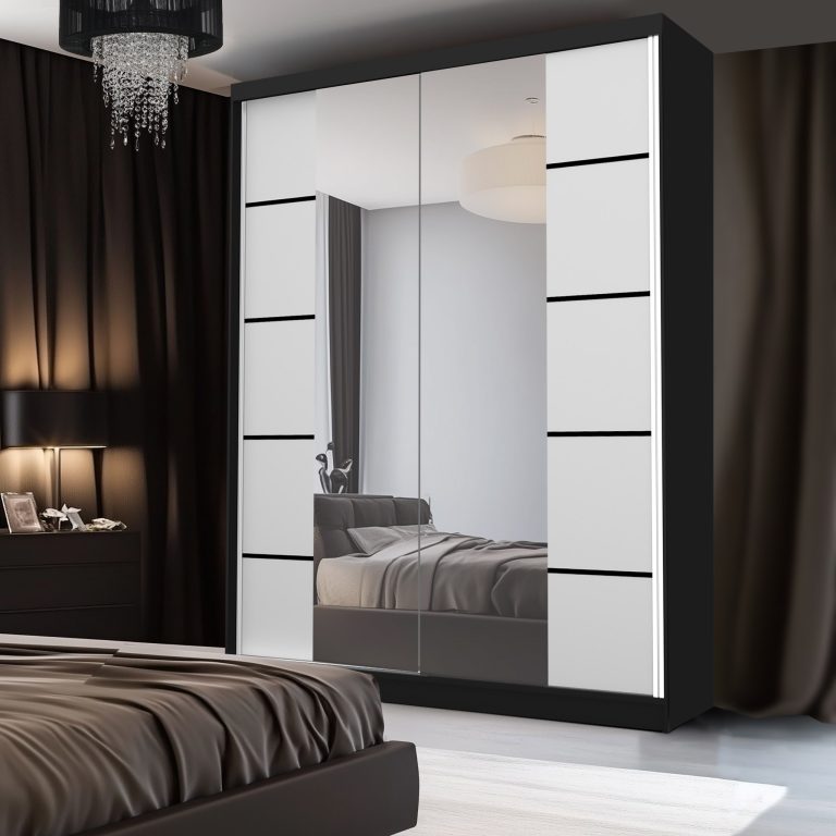 Dressing 133 cm Belini negru mat/alb mat cu usi glisante cu oglinda si sertare ME SERENITY SZP6/0/B/W/0/HIAL