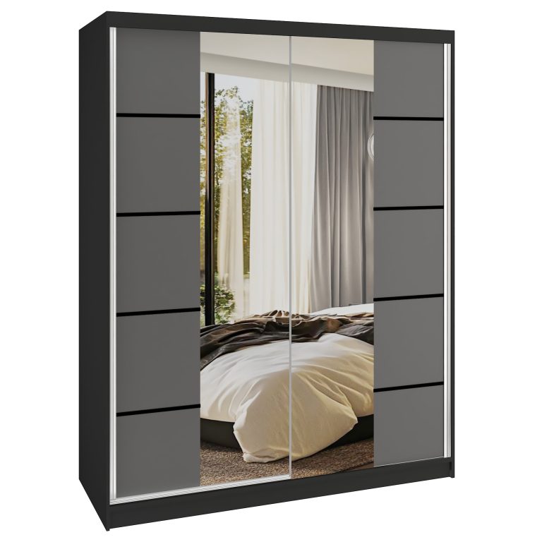 Dressing 200 cm Belini mat negru/gri mat cu usi glisante cu oglinda si sertare ME SERENITY SZP5/0/B/SR/0/HIAL