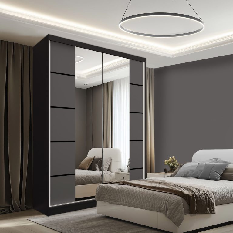 Dressing 200 cm Belini mat negru/gri mat cu usi glisante cu oglinda si sertare ME SERENITY SZP5/0/B/SR/0/HIAL