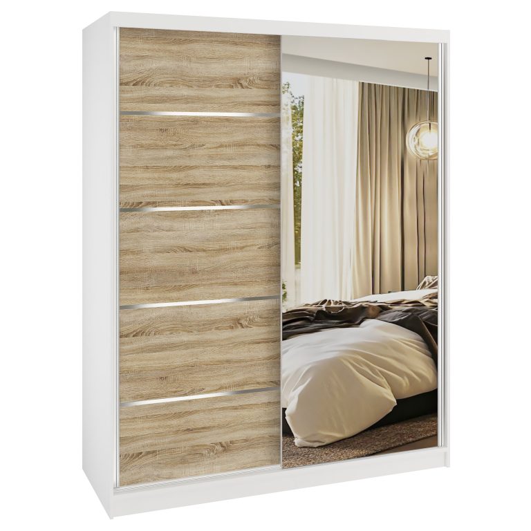 Dressing 133 cm Belini alb mat / stejar sonoma cu usi glisante cu oglinda si sertare MBP SERENITY SZP6/0/W/DS/0/HIAL