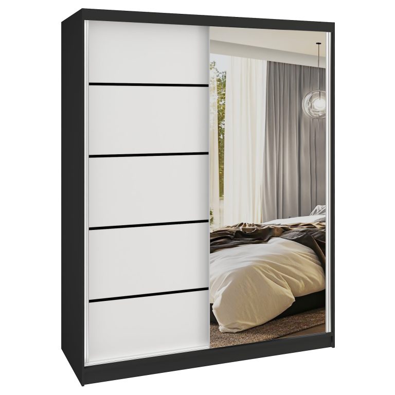 Dressing 133 cm Belini negru mat/alb mat cu usi glisante cu oglinda si sertare MBP SERENITY SZP6/0/B/W/0/HIAL