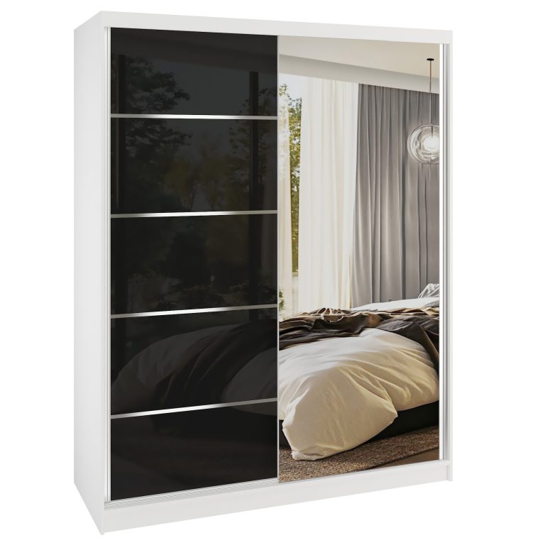 Dressing 133 cm Belini mat alb/negru lucios cu usi glisante cu oglinda si sertare MGB SERENITY SZP6/0/W/B/0/HIAL
