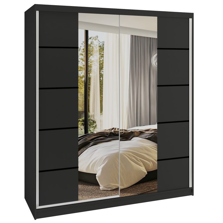Dressing 158 cm Belini mat negru cu usi glisante cu oglinda si sertare ME SERENITY SZP7/0/B/B/0/HIAL